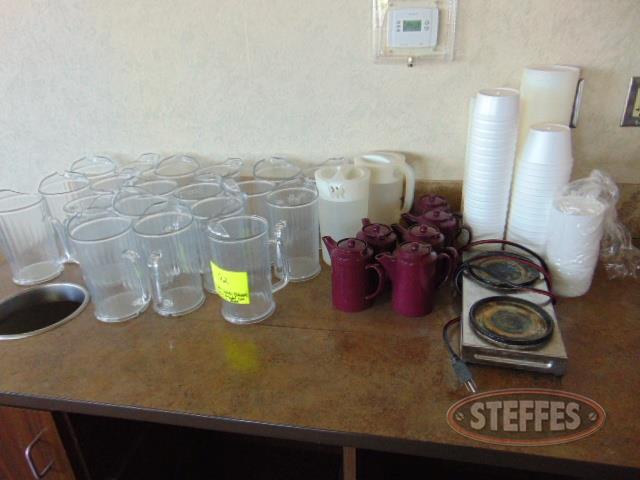 Asst- of water pitchers- creamers- Styrofoam containers- warming plate_1.jpg